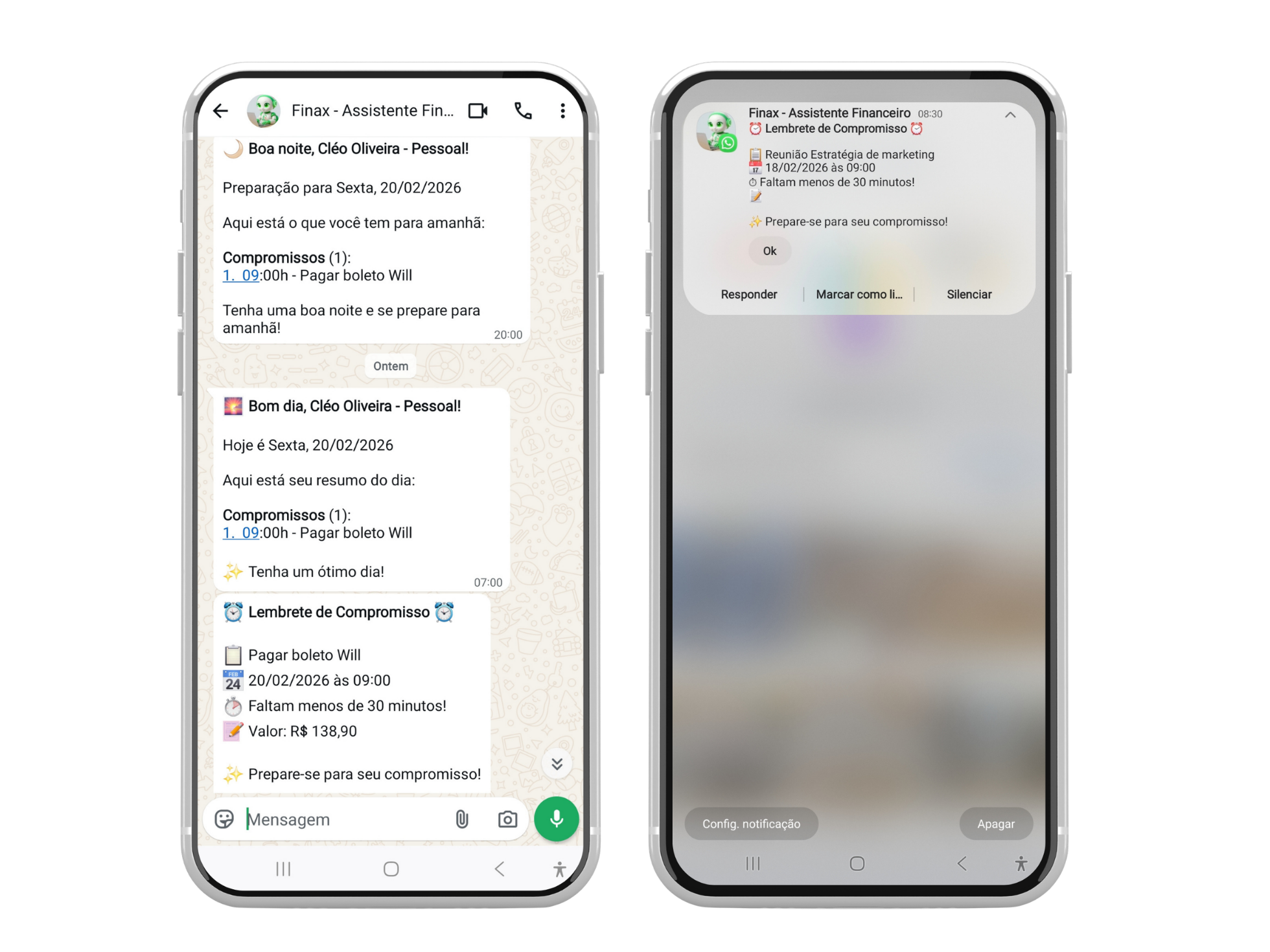 Finax enviando lembretes e resumos do dia pelo WhatsApp
