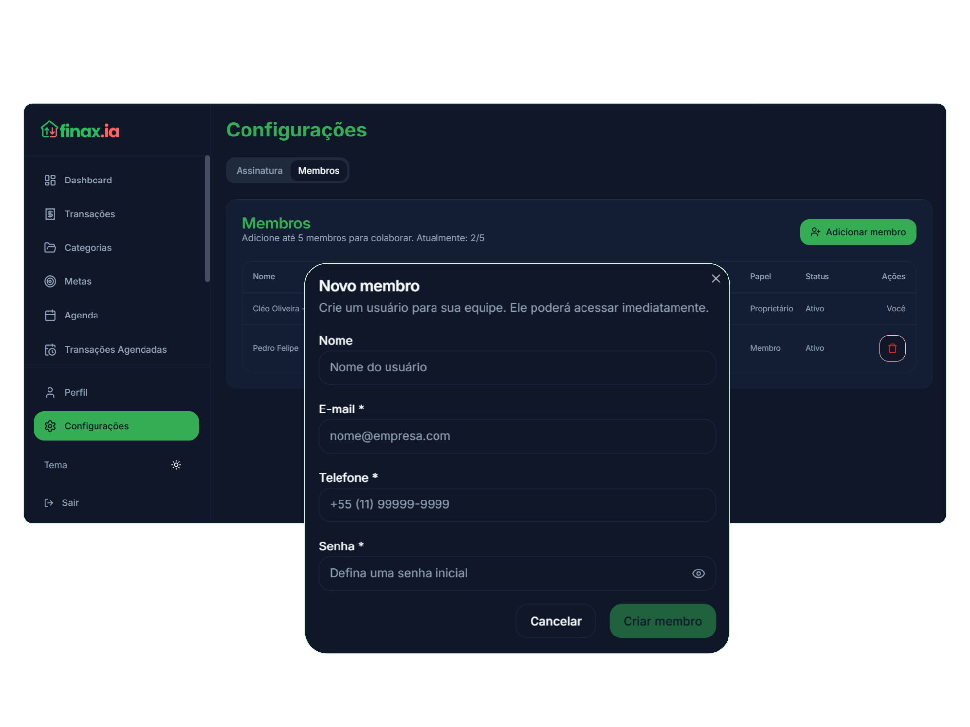 Tela de configurações da Finax.ia — adicionar membros para colaborar